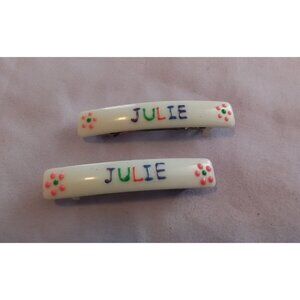 Personalized "Julie" Hair Barrettes Set Of 2 White With Floral Accents